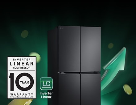 Refrigerator in front of rising arrows and piling coins