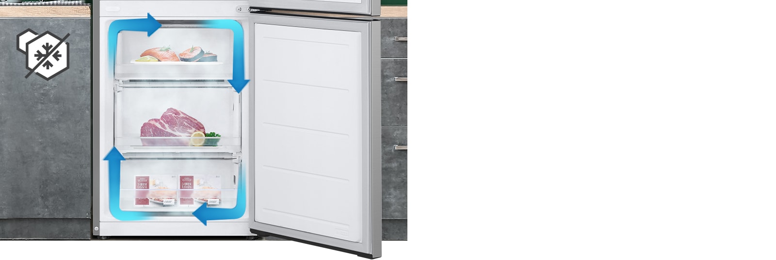 No-frost freezer with even cooling and circulated cold air to keep food fresh in all corners.