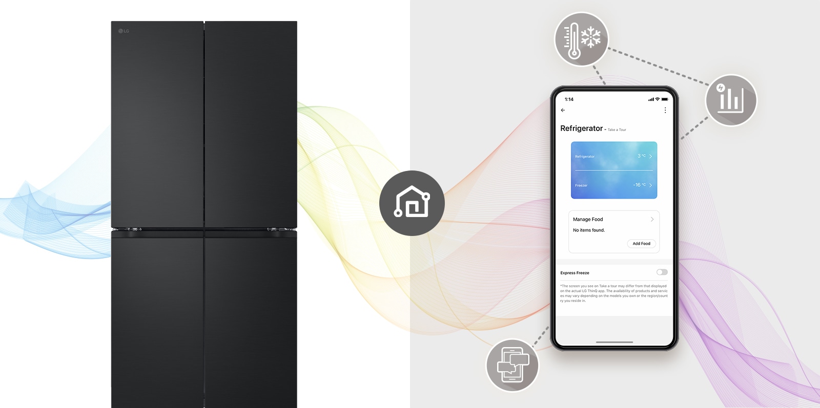 There's a woman sitting comfortably at a table far away doing her job. There is an ai speaker on the table. Leaving her behind, the walls and Black Glass InstaView refrigerator are placed.