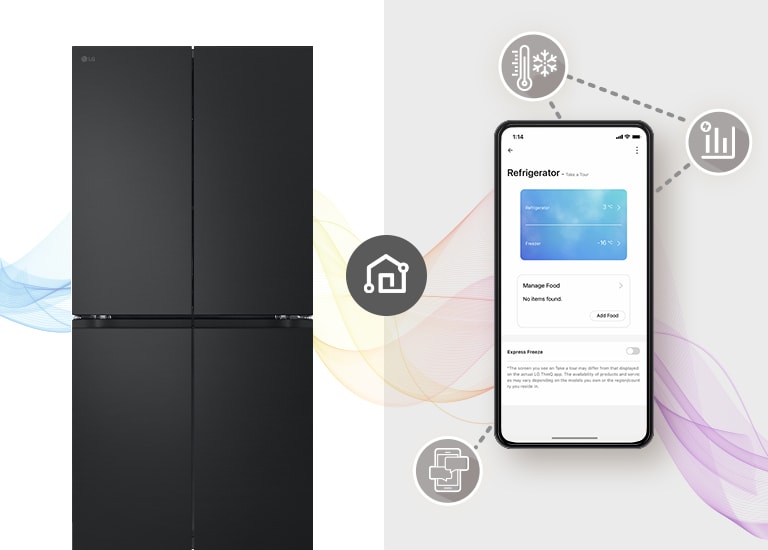 There's a woman sitting comfortably at a table far away doing her job. There is an ai speaker on the table. Leaving her behind, the walls and Black Glass InstaView refrigerator are placed.