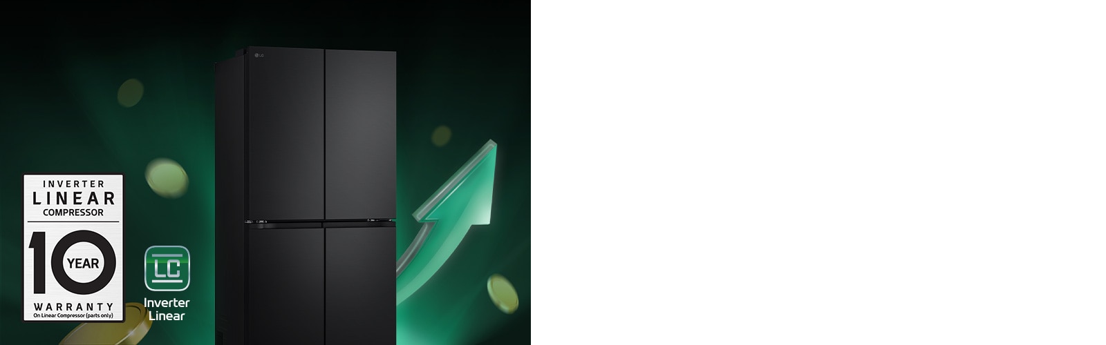 Refrigerator in front of rising arrows and piling coins