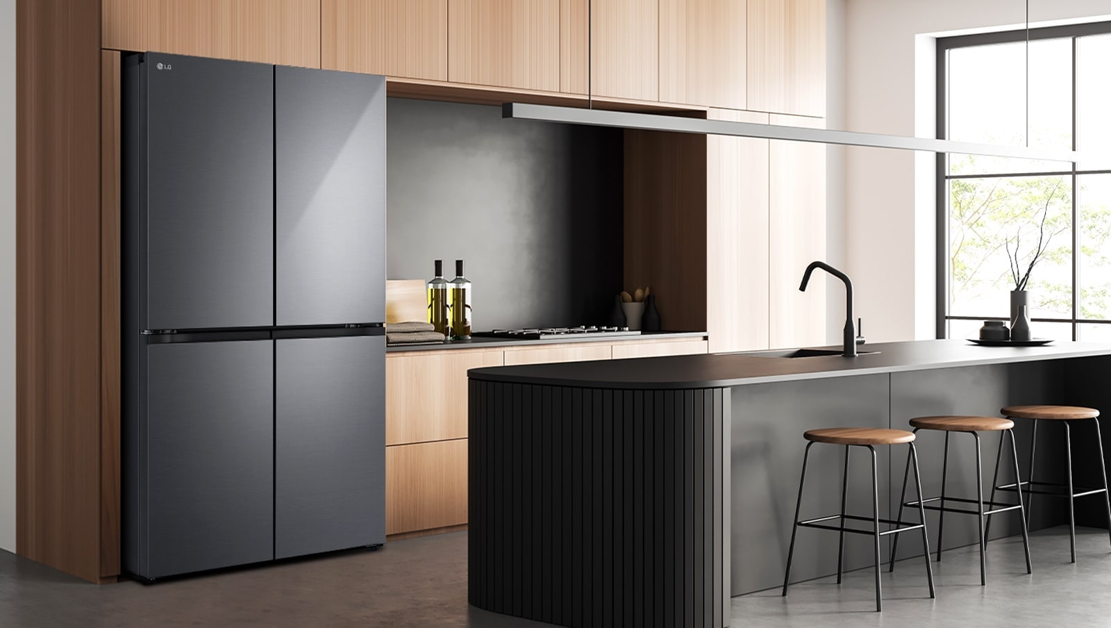 Modern kitchen interior with InstaView fridge.