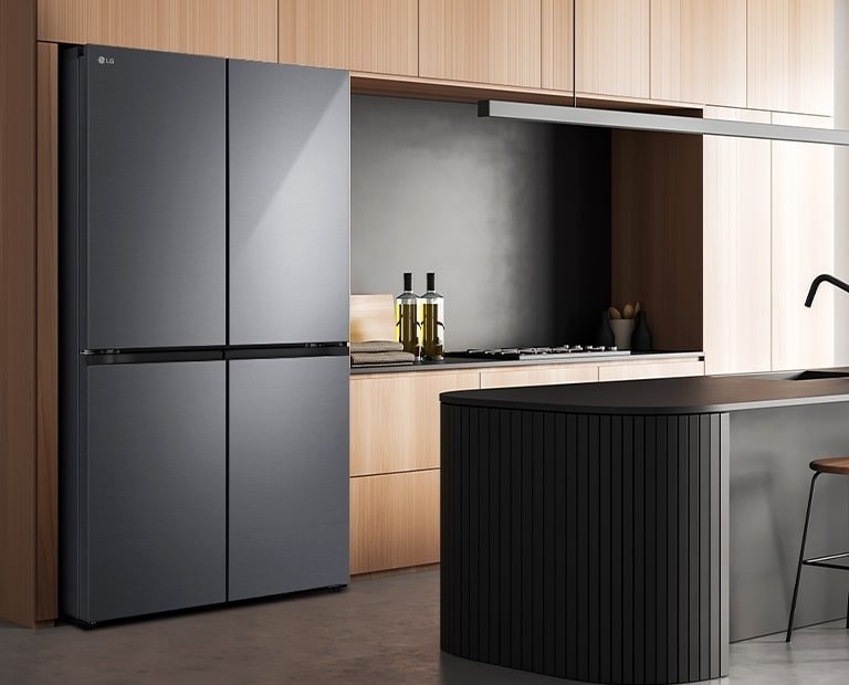 Modern kitchen interior with InstaView fridge.