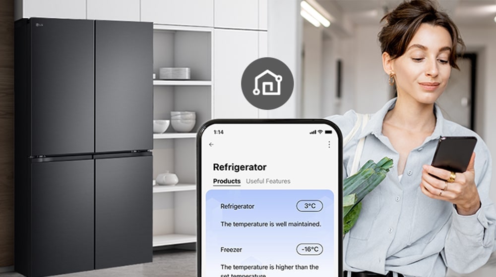 Image on the right shows a woman with a shopping basket looking at her cell phone. Image on the left shows the refrigerator front view. In the center of the images is an icon to show connectivity between the phone and refrigerator.