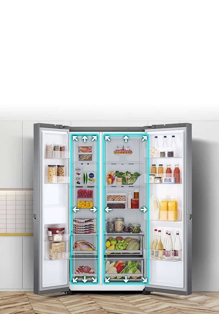 A video begins with the front view of the refrigerator with both doors wide open. The interior spaces are outlined in a neon lines and arrows begin to push the lines out to show that there is now more space inside. The neon square around the interior spaces flashes to show the difference between the new space and the old smaller space which is now outlined in a dotted white line.