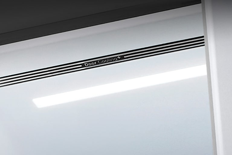 A diagonal view up into the top of the refrigerator showing the soft LED lighting.