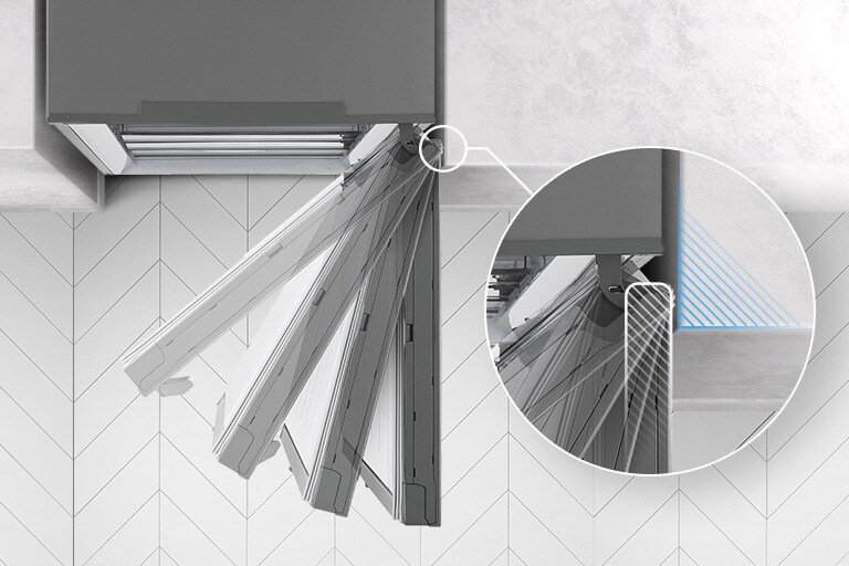 The top of the refrigerator is shown with the door swinging open and stopped at four different angles and a magnified inset of the hinge which never touches the wall it's next to.