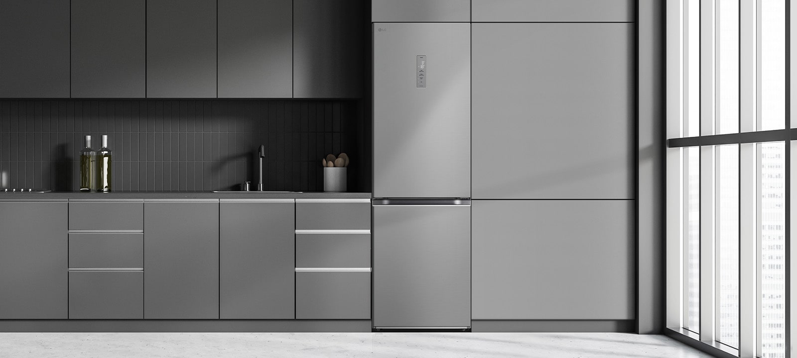 Modern kitchen with a refrigerator that blends seamlessly into surrounding cabinetry, resembling a built-in model.