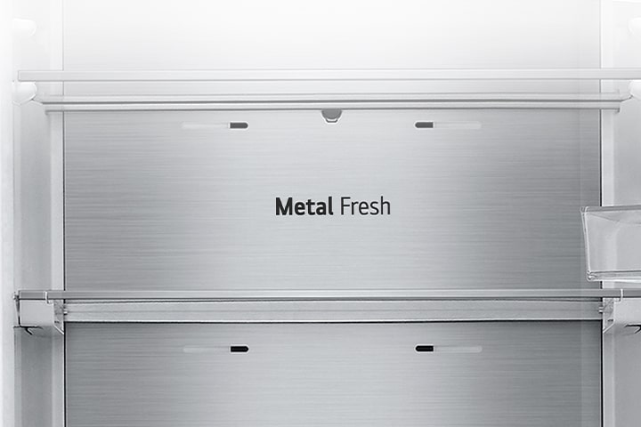 Close-up of metal fresh label inside the refrigerator.