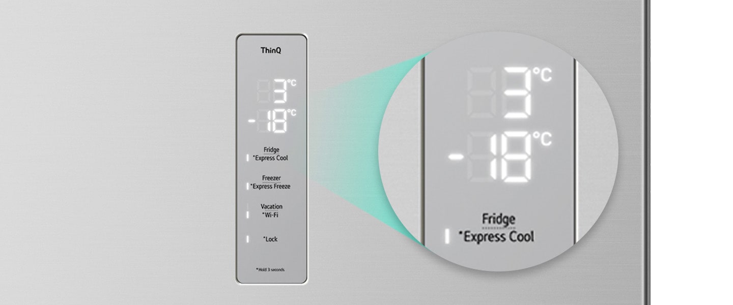 Close-up of the express cool button located at the top of the refrigerator.