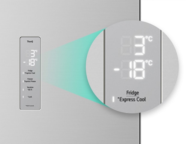 Close-up of the express cool button located at the top of the refrigerator.