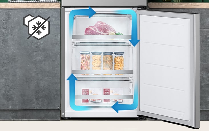 No-frost freezer with even cooling and circulated cold air to keep food fresh in all corners.