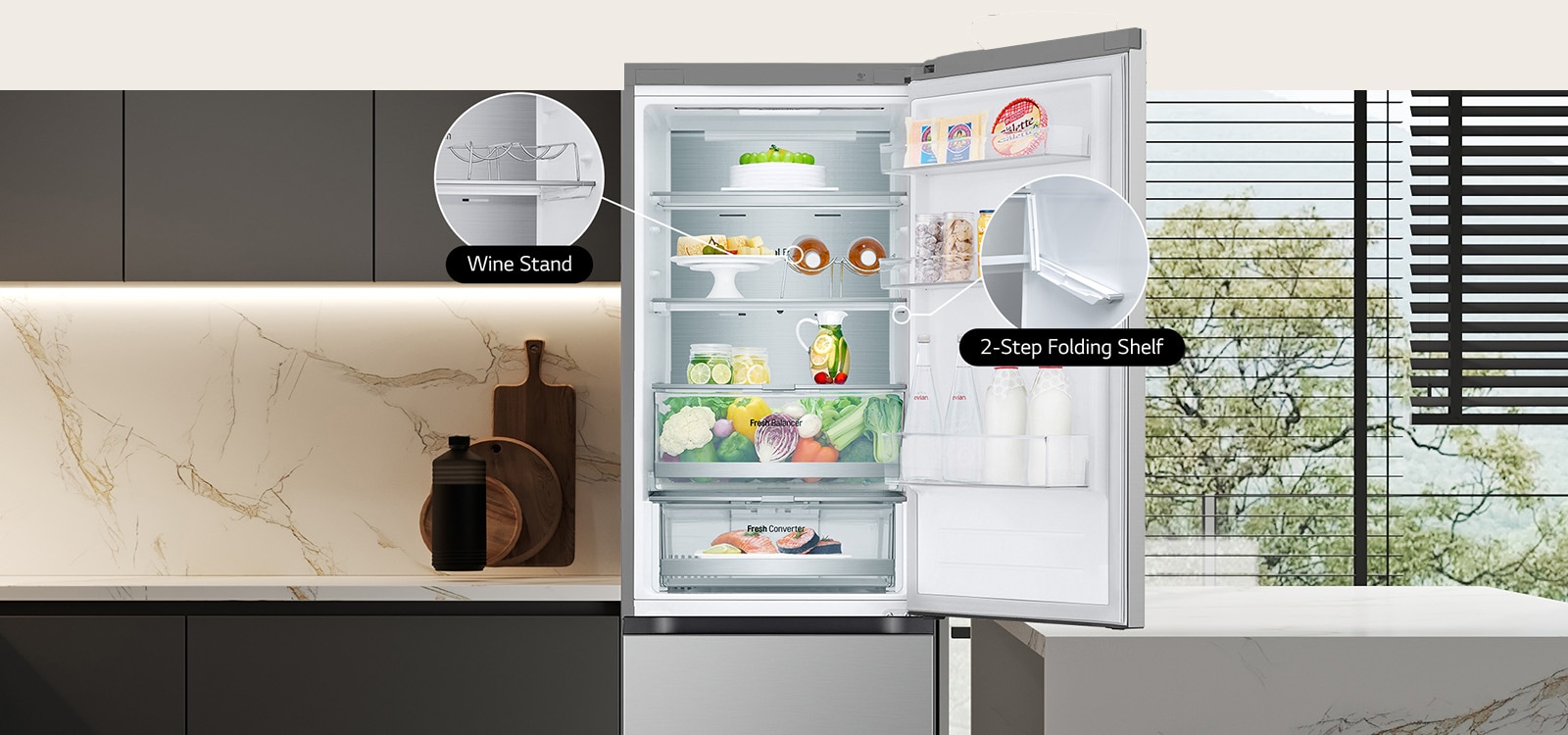 Fresh food-filled refrigerator with open door showcasing wine stand and folding shelf.