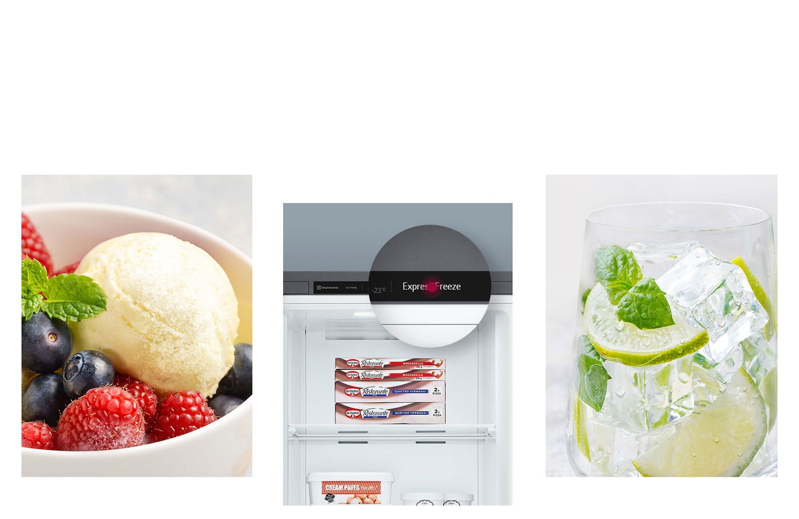 One image shows a bowl of icecream with a fruit topping. A second image shows the interior of the freezer stocked with ice cream and a magnification bubble showing the "Express Freeze" button. A third image shows a drink with a lot of ice.
