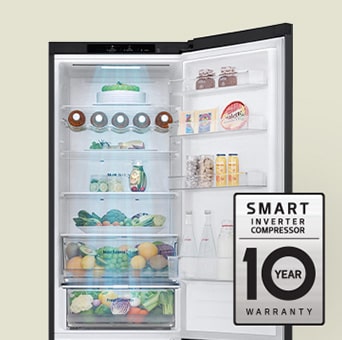 Fresh food-filled refrigerator with open door and 10-year warranty label of smart inverter compressor.