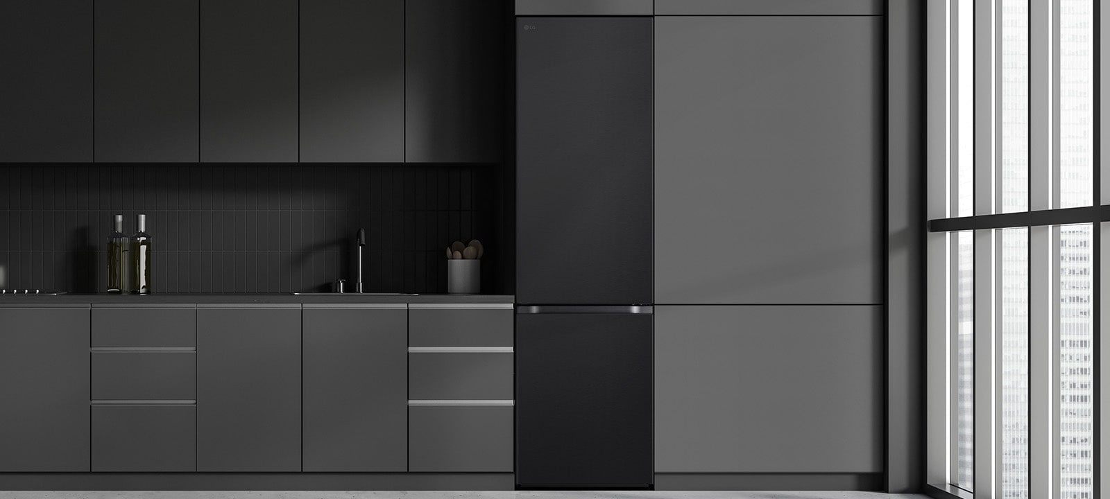 Modern kitchen with a refrigerator that blends seamlessly into surrounding cabinetry, resembling a built-in model.