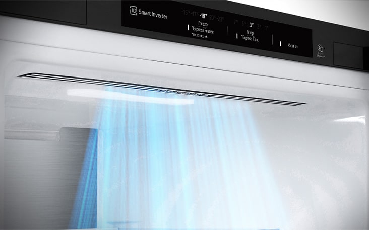 Close-up of air vents located at the front of the refrigerator, ensuring efficient and even cooling.