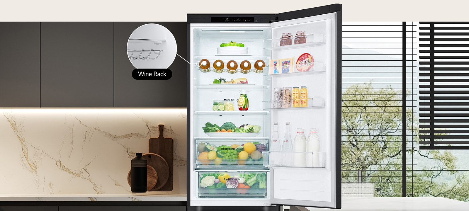 Fresh food-filled refrigerator with open door showcasing wine rack and folding shelf.