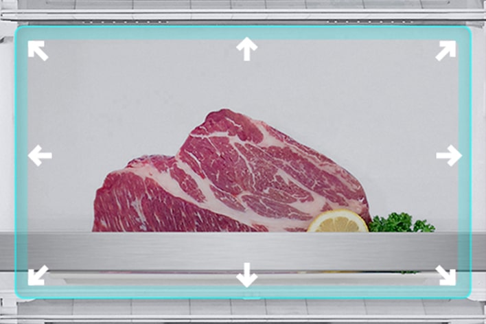 Two-step folding shelf with adjustable space for bottles and pots, maximizing storage capacity.