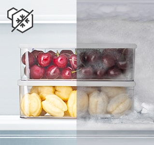 Comparison of frozen fruit containers without and with frost.