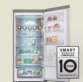 Fresh food-filled refrigerator with open door and 10-year warranty label of smart inverter compressor.