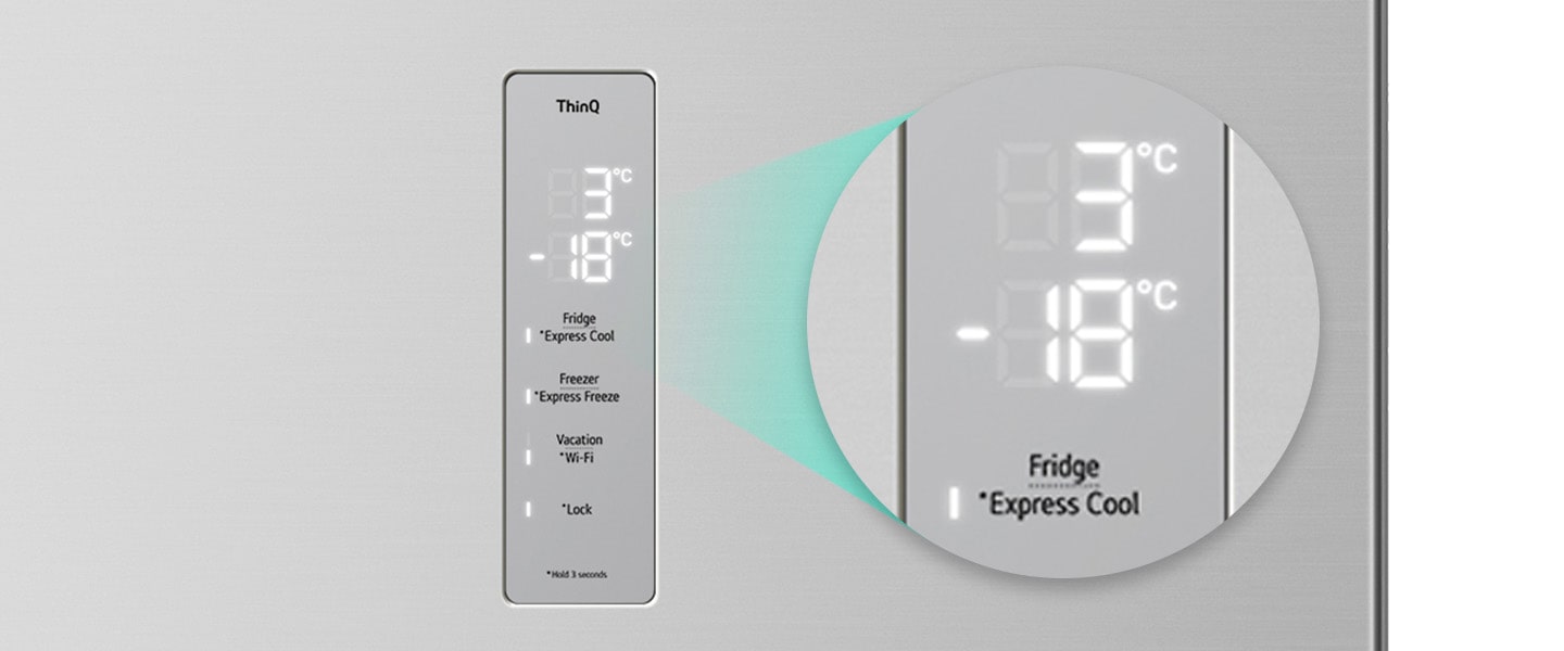 Close-up of the express cool button located at the top of the refrigerator.