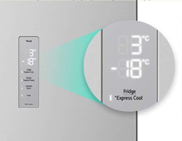 Close-up of the express cool button located at the top of the refrigerator.