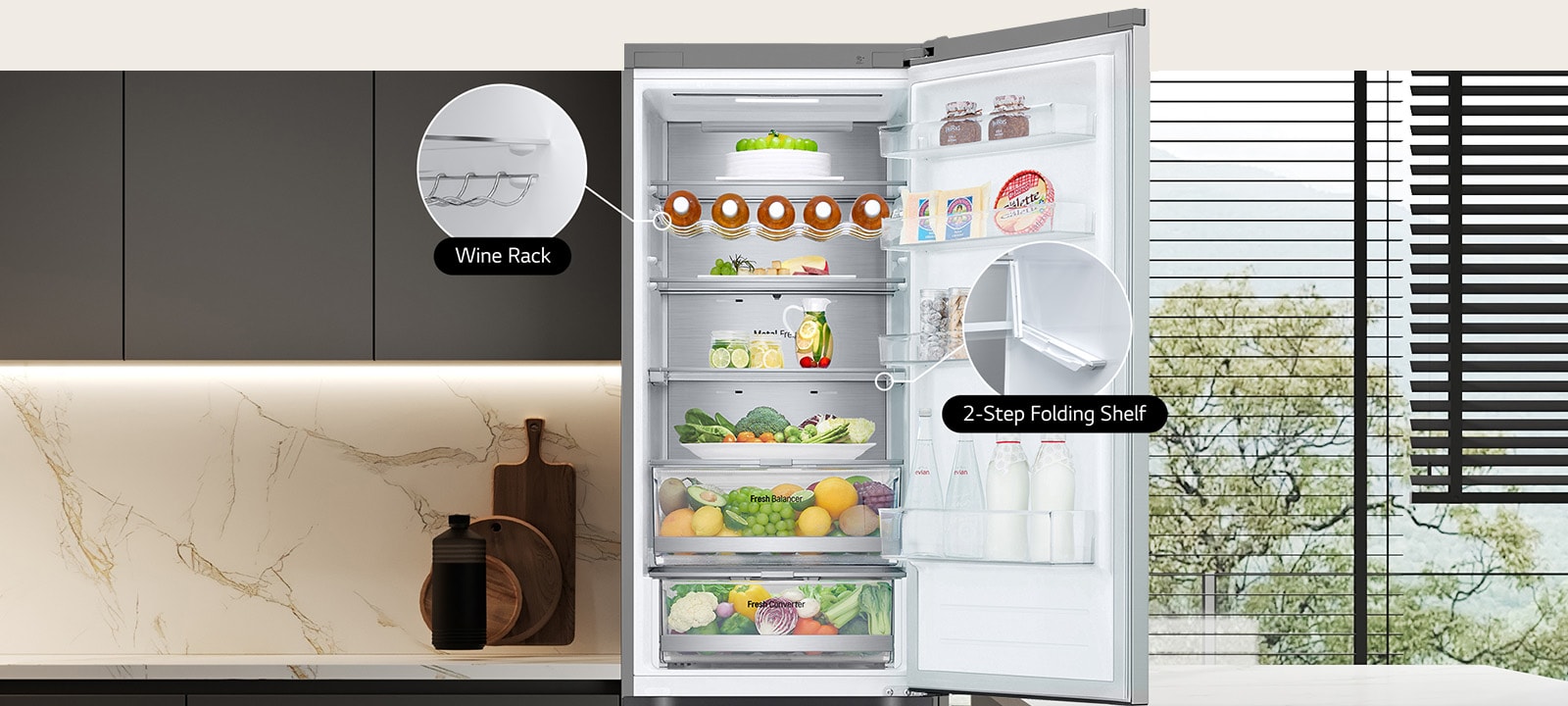 Fresh food-filled refrigerator with open door showcasing wine rack and folding shelf.