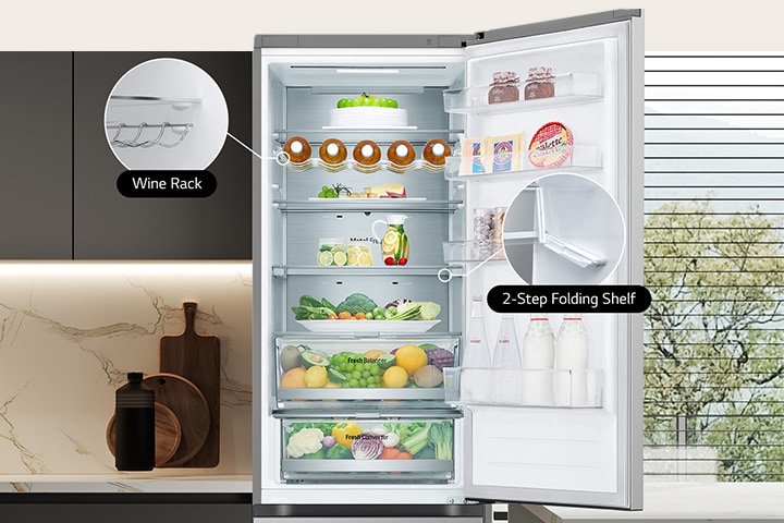 Fresh food-filled refrigerator with open door showcasing wine rack and folding shelf.