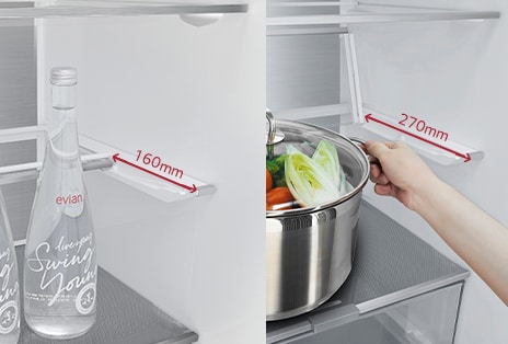 Two-step folding shelf with adjustable space for bottles and pots, maximizing storage capacity.