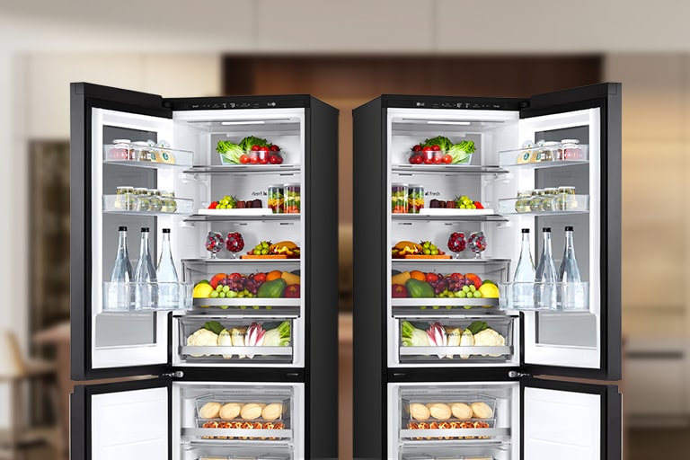 Open view of lg bottom freezer refrigerator explaining reversible door feature works.