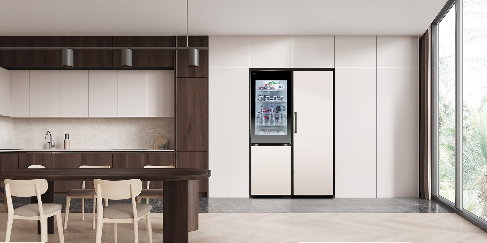 LG bottom freezer with instaview feature installed in a modern kitchen with lg larder objet collection.