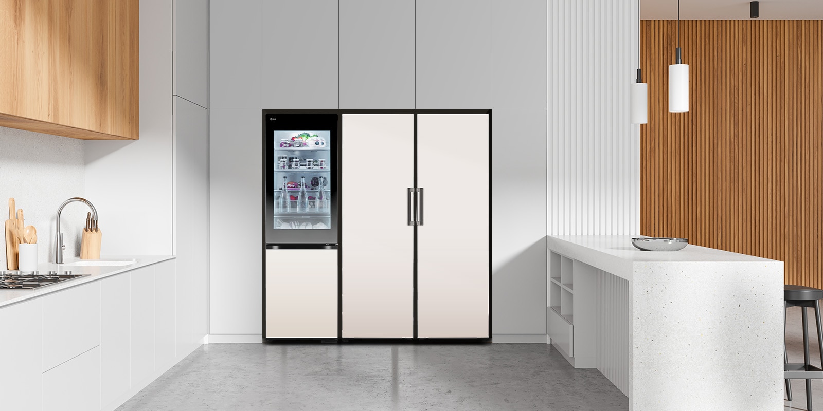 LG bottom freezer with instaview feature installed in a modern kitchen with lg larder objet collection.