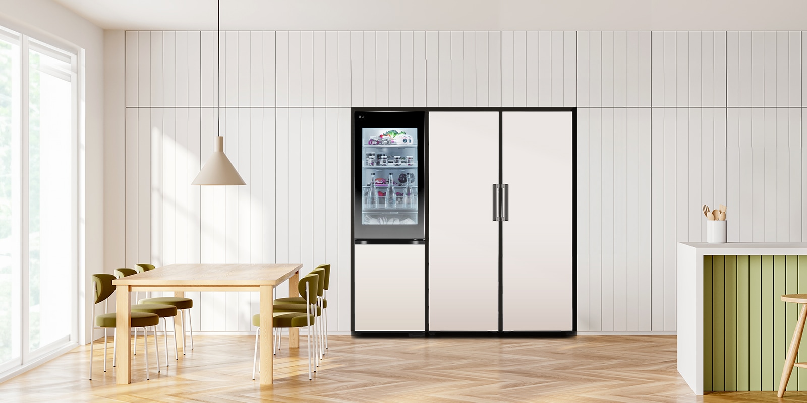 LG bottom freezer with instaview feature installed in a modern kitchen with lg larder objet collection.