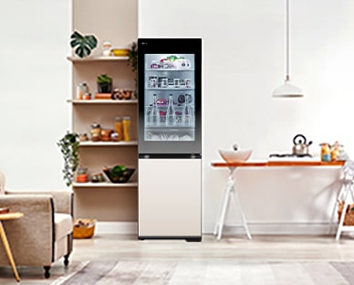 lg bottom freezer with instaview in a white modern kitchen.