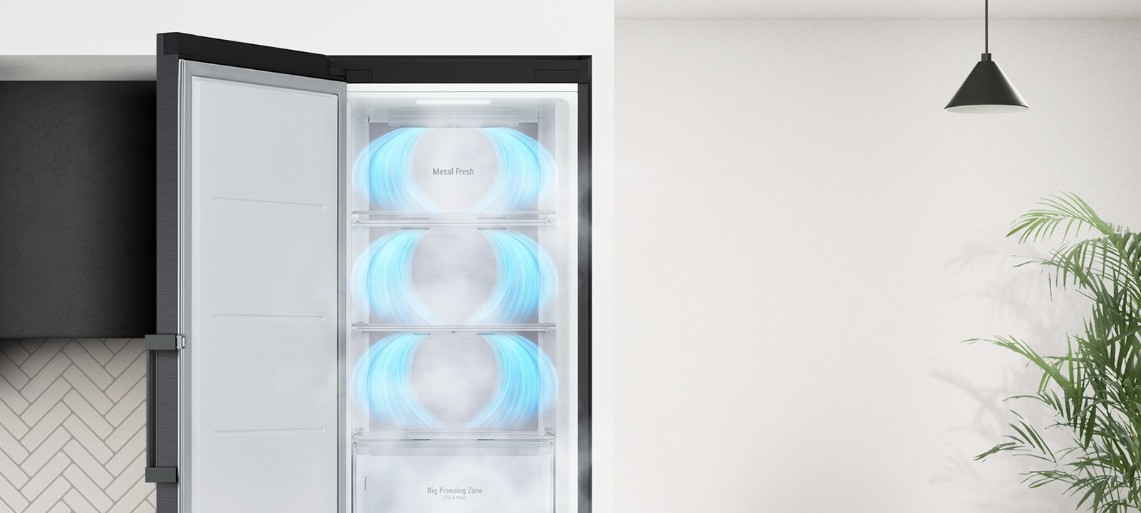 The freezer is shown with the door opening out. Blue air is blowing from the top of each section to completely surround the food that would be inside.