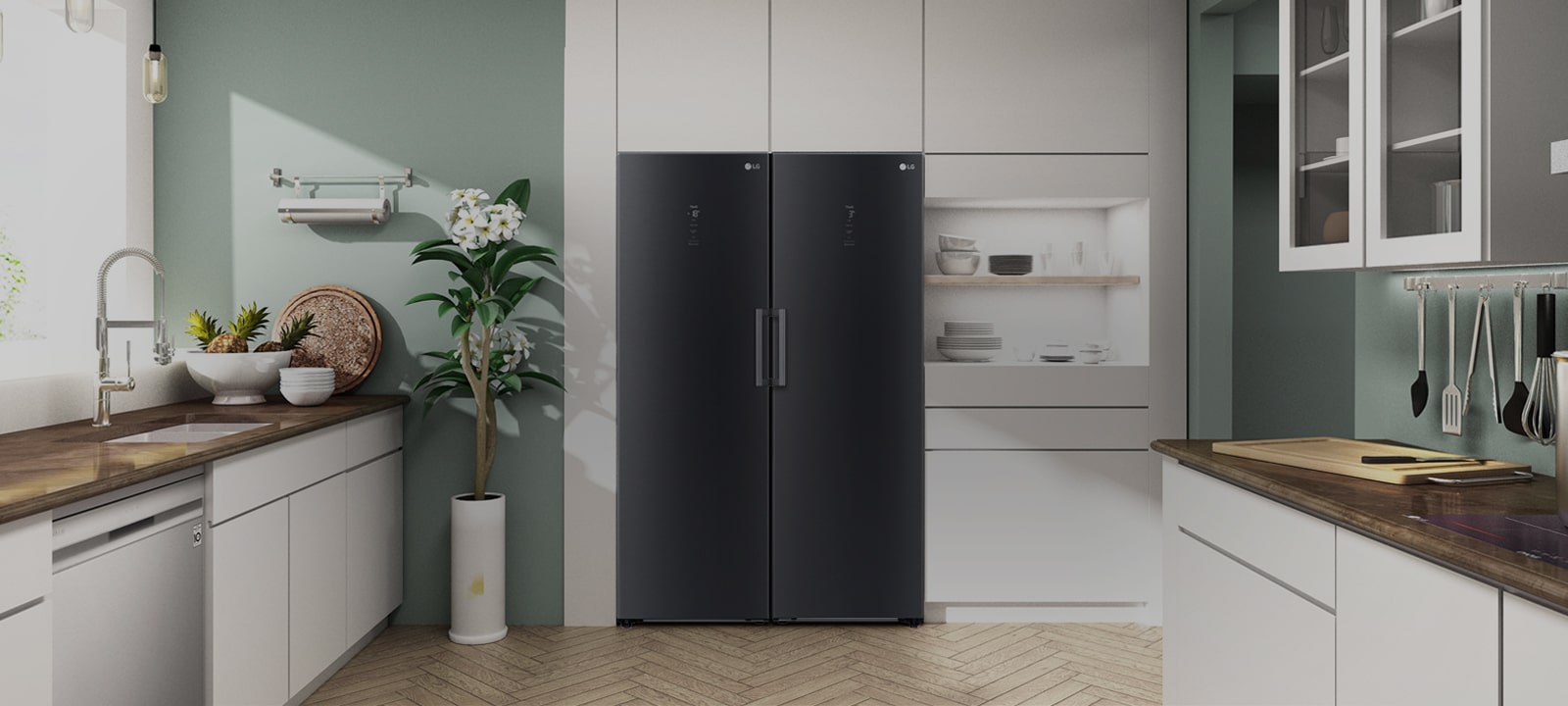 The front view of the refrigerator and freezer or shown fitting in seamlessly in a modern kitchen.