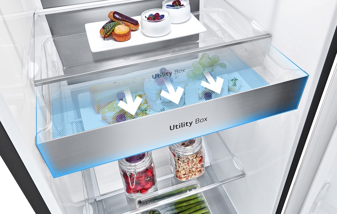 The interior of the fridge shows the drawer labeled "Utility Box". Three arrows push outward indicating the drawer can be pulled out to access the food inside.