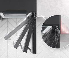 The top of the refrigerator is shown with the door swinging open and stopped at four different angles and a magnified inset of the hinge which never touches the wall it's next to.