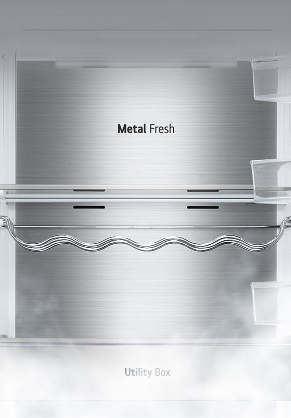 The interior of the fridge is shown empty with the ice rack and shelf in place and the back which is labeled "Metal Fresh".	