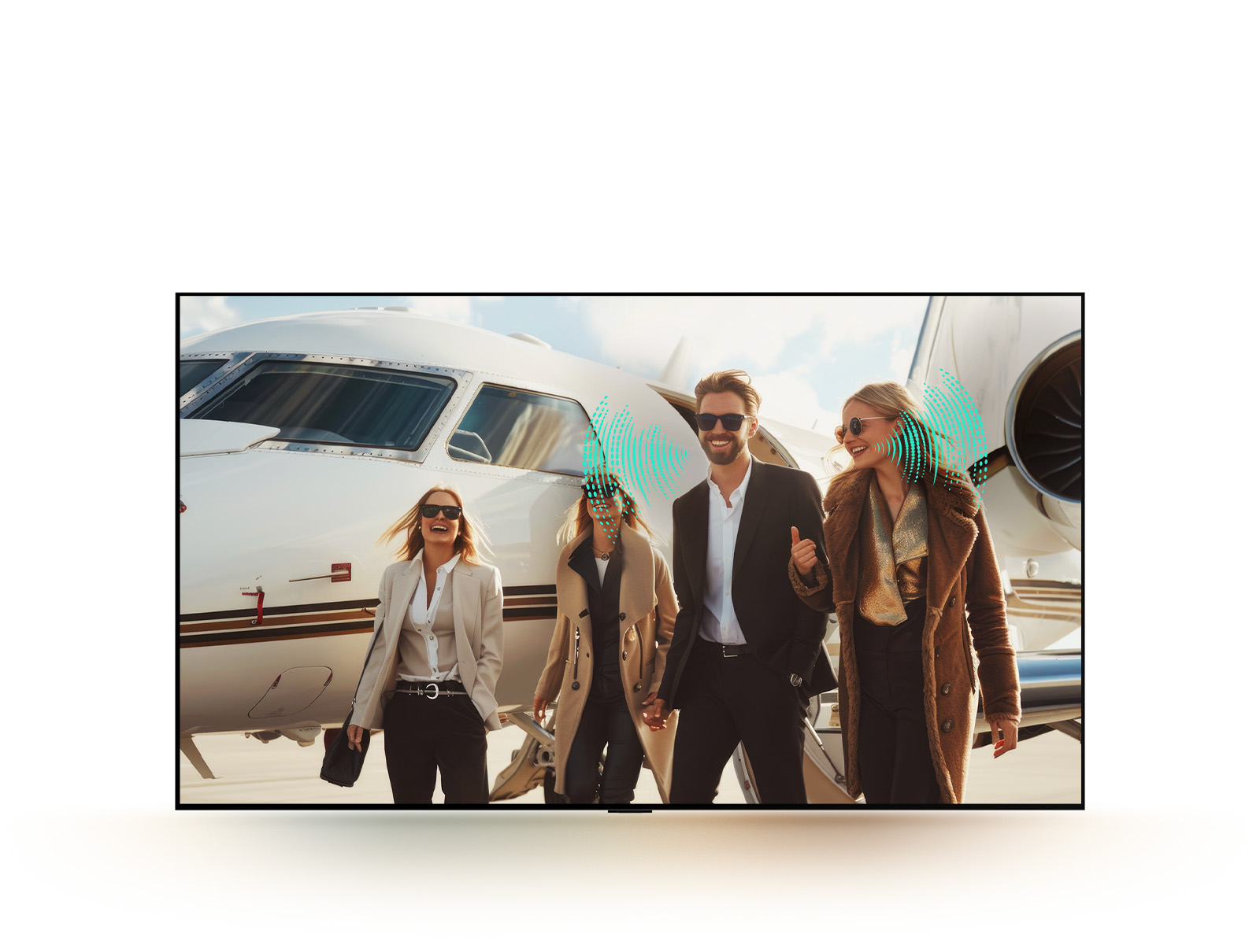 A group of people walking on an airport runway. Behind them is a plane. It looks like the group just got off the plane and its engines are still running. Abstract sound waves are coming from some of the people as they're talking, representing how despite the loud background noise, voices can easily be heard and understood with Al Voice Remastering.