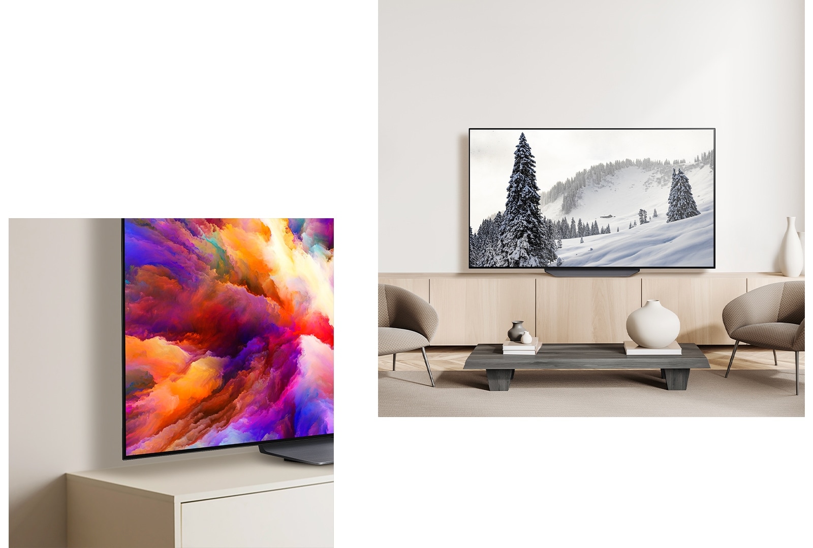 An angled perspective of the bottom corner of OLED CS4 showing an abstract artwork on the screen.  OLED CS4 in a clean living space with a forest displayed on screen.