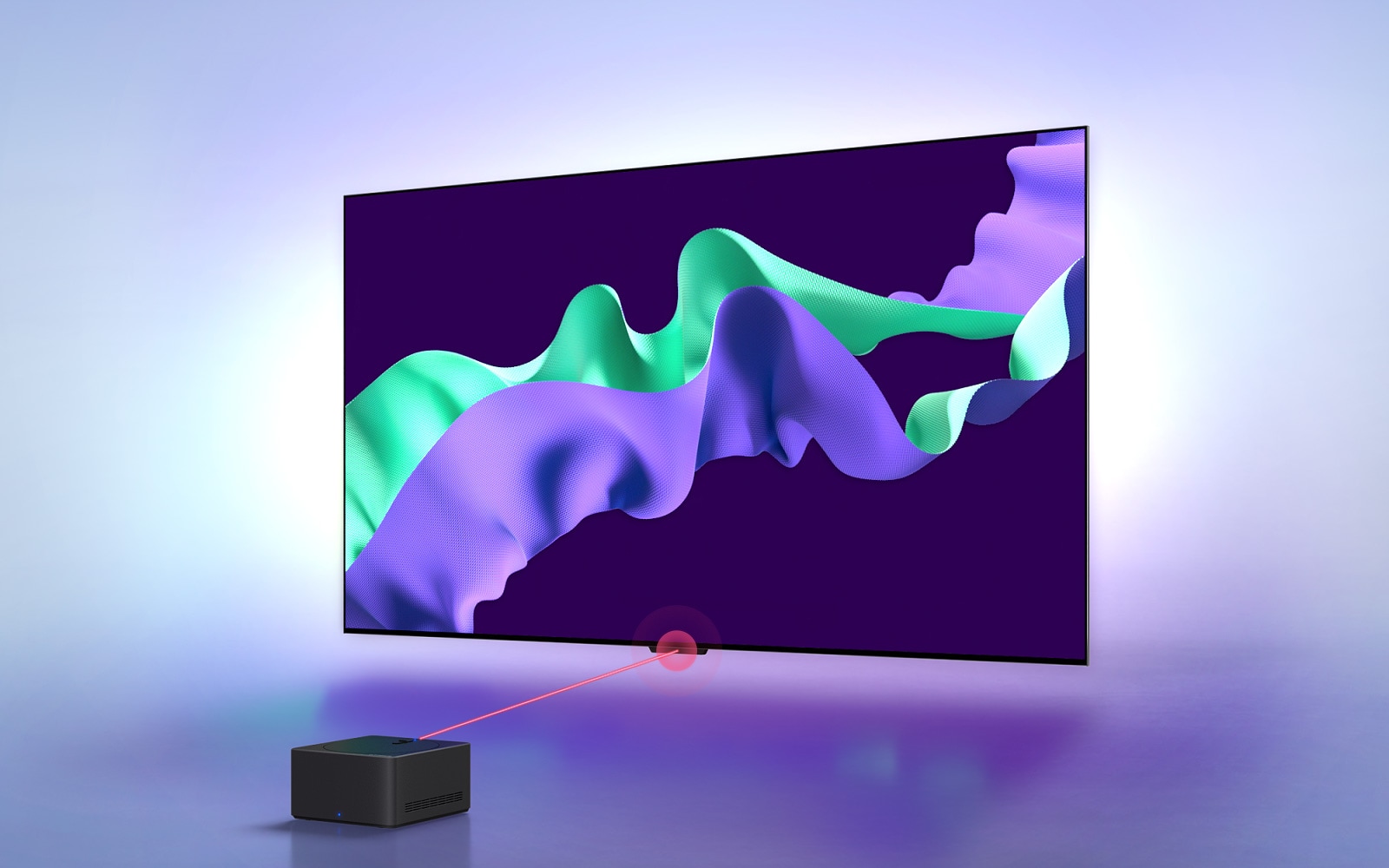 LG OLED evo M4 shows purple and mint abstract artwork on screen, then the TV moves back and rotates to a 45-degree angle, revealing a Zero Connect Box in front of the TV. A red Wi-Fi signal appears and a red beam emits towards the TV and red circles eminate. The purple and mint colors reflect on the space below the TV.