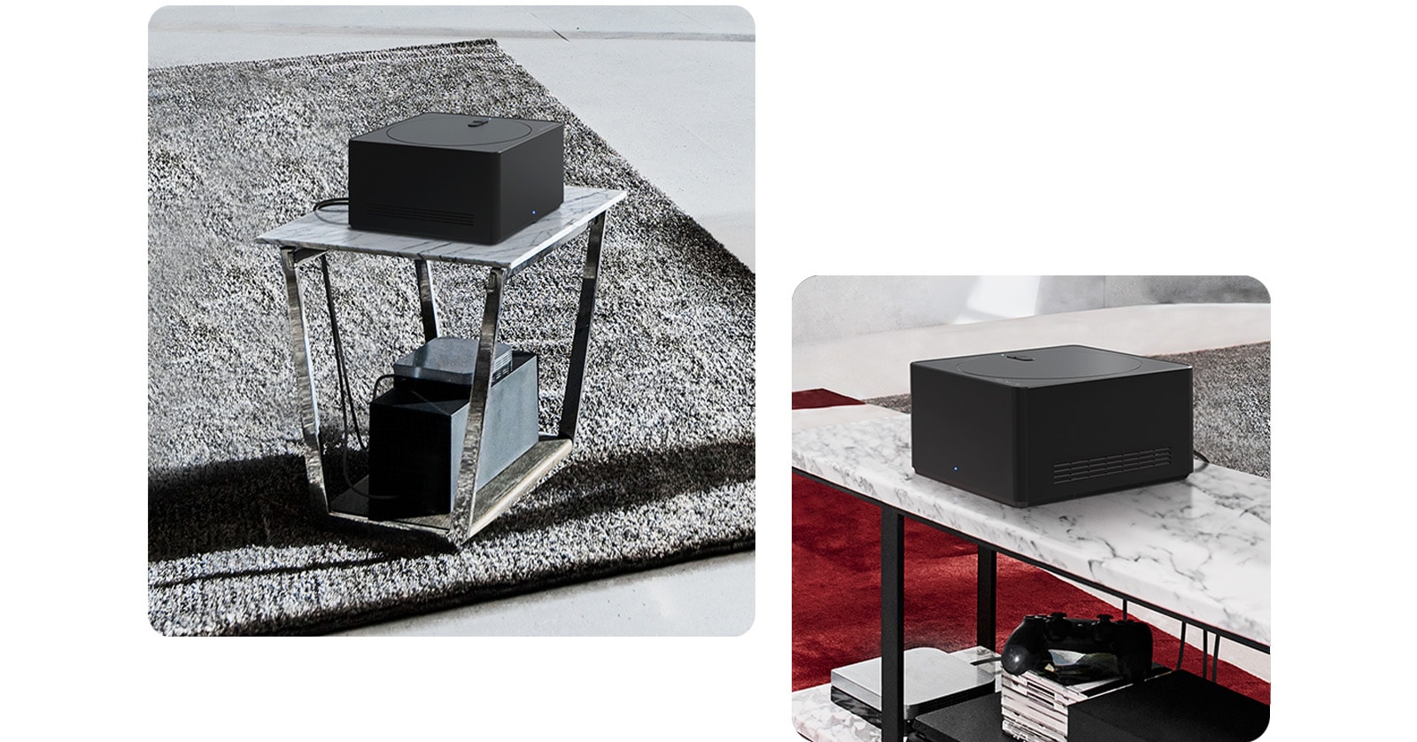 Three images show a Zero Connect Box. The first shows a cable being plugged into the Zero Connect Box. The second shows a Zero Connect Box on top of a small table with devices underneath. The third shows a Zero Connect Box on top of a large table with devices and consoles underneath.