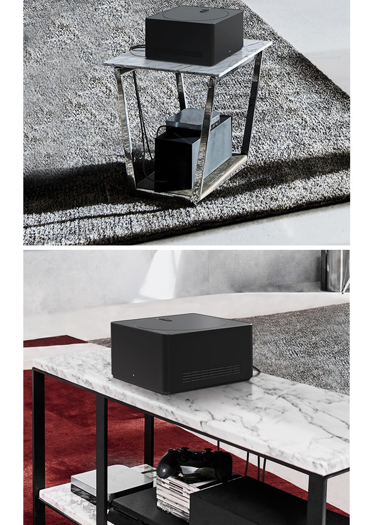 Three images show a Zero Connect Box. The first shows a cable being plugged into the Zero Connect Box. The second shows a Zero Connect Box on top of a small table with devices underneath. The third shows a Zero Connect Box on top of a large table with devices and consoles underneath.
