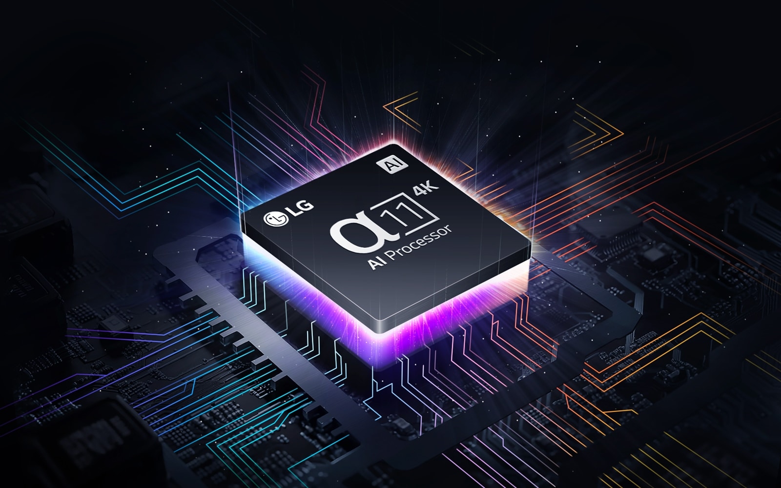 LG's alpha 11 AI Processor 4K barely visible amidst darkness. The AI Processor lights up purple and pink, and colorful bolts of light shoot out from it. More bolts appear across the motherboard, stretching further, and white dots like stars come into view, creating the impression of an intergalactic scene.