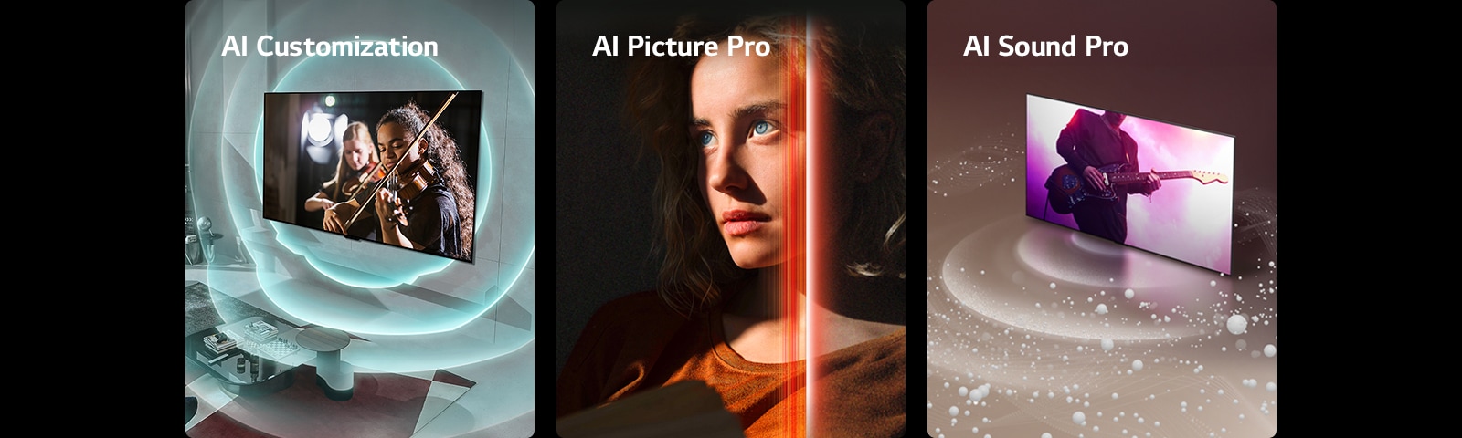 Three images are shown. The first shows an LG OLED evo M4 in a modern living space displaying a musical performance on screen. Blue circular waves depicting personalization surround the TV and space. The second shows a woman with piercing blue eyes and a burnt orange top in a dark space. Red lines depicting AI refinements cover part of her face, which is bright and detailed, while the rest of the image looks dull. The third shows an LG OLED evo M4 as sound bubbles and waves emit from the screen and fill the space.