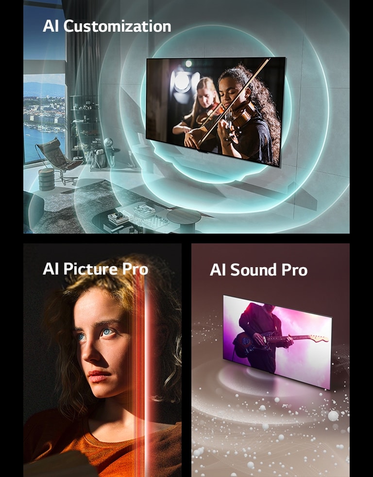 Three images are shown. The first shows an LG OLED evo M4 in a modern living space displaying a musical performance on screen. Blue circular waves depicting personalization surround the TV and space. The second shows a woman with piercing blue eyes and a burnt orange top in a dark space. Red lines depicting AI refinements cover part of her face, which is bright and detailed, while the rest of the image looks dull. The third shows an LG OLED evo M4 as sound bubbles and waves emit from the screen and fill the space.