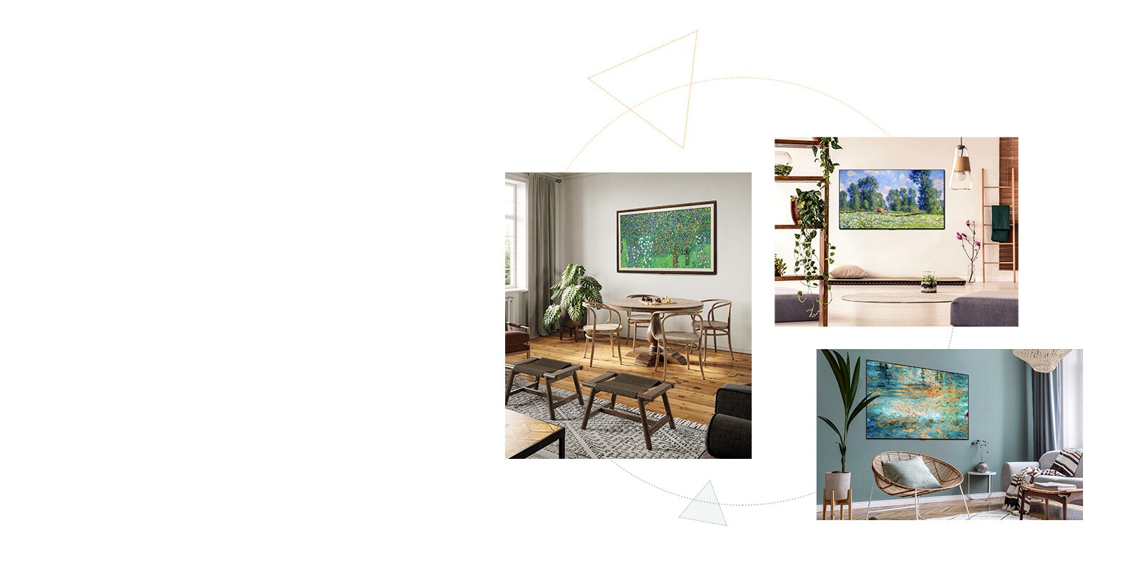 Three Gallery Design TVs with a stand working as artworks at any place