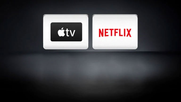 The LG Channels logo, the Netflix logo, the Disney+ logo, the Apple TV logo are arranged horizontally in the black background.